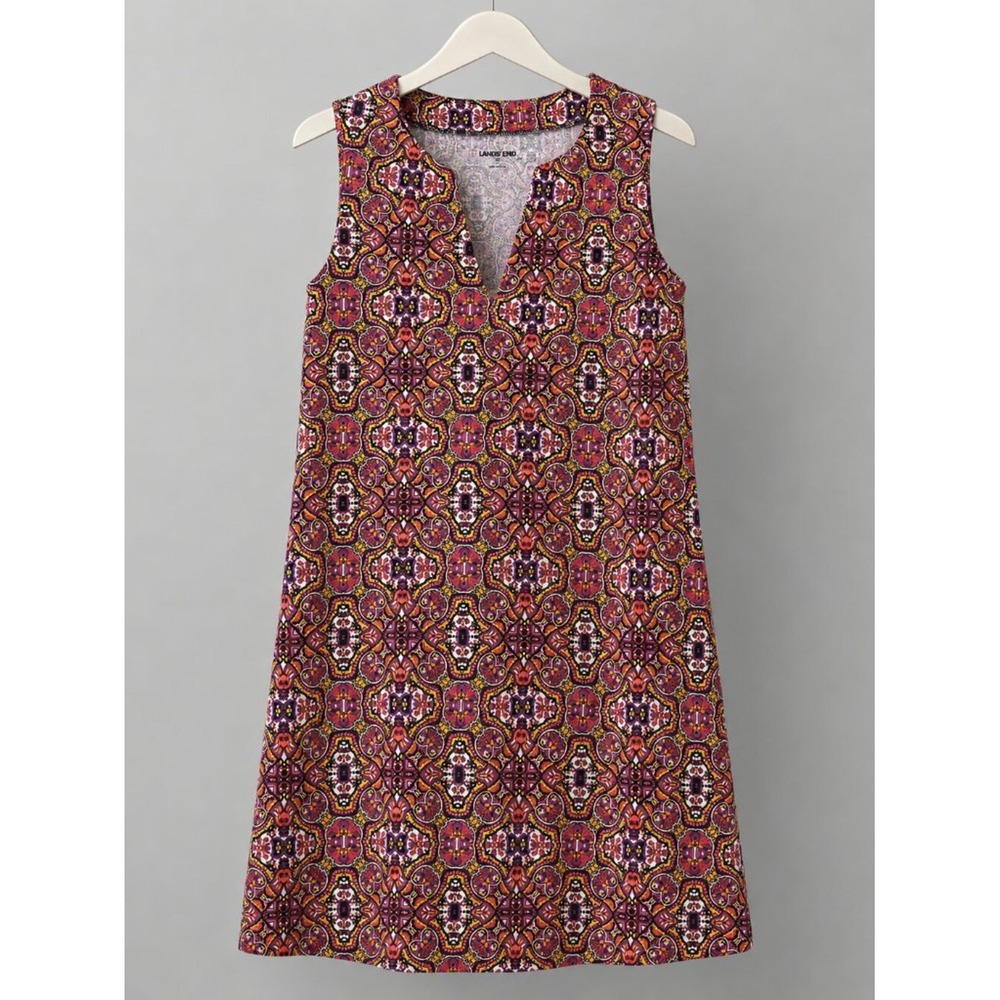 Lands End Womens XS Pink Orange Medallion Split Neck Sleeveless Shift Dress - Picture 2 of 10